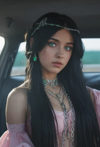 Fantasy Woman with Car Image Free — SDXL AI Prompt: ,woman asdxohnxs. ethereal fantasy,black hair jewelry long hair green eyes head...