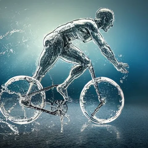 Water Elemental Man Riding A Bicycle — Stable Diffusion AI Prompt: water elemental man riding a bicycle