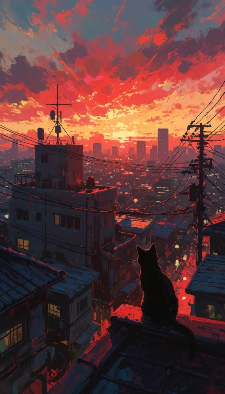 A Solitary Black Cat Sits Silhouetted On A Rooftop, Gazing O...