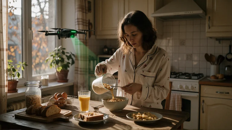 A Warm, Cluttered Home Kitchen At Breakfast, Morning Light T...