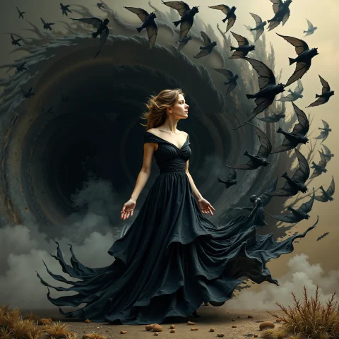 Surreal Scene Of A Woman Standing At The Center Of A Spirali... — Stable Diffusion AI Prompt: surreal scene of a woman standing at the center of a spiraling storm of black ba...
