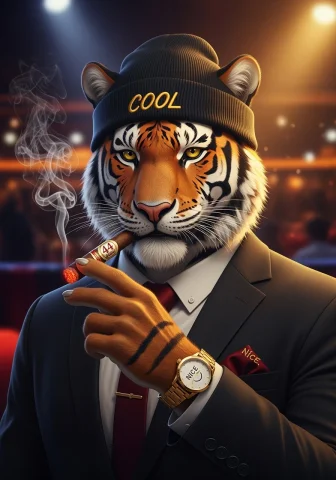 A Realistic Anthropomorphic Tiger Man In A Suit Smoking A 44... — Stable Diffusion AI Prompt: A realistic anthropomorphic tiger man in a suit smoking a "44 buzz" cigar in a f...