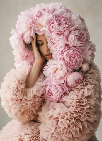 A Young Woman Is Enveloped By An Enormous, Voluminous Cascad... — Stable Diffusion AI Prompt: A young woman is enveloped by an enormous, voluminous cascade of soft pink peony...