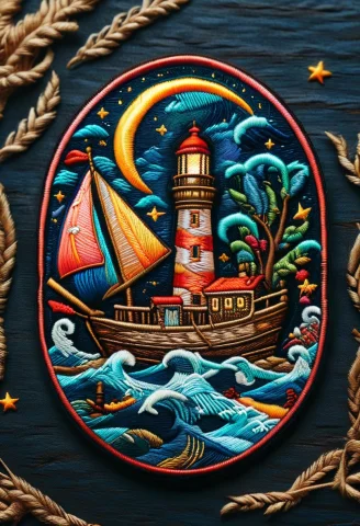 Ral-embroideredpatch, Boat, Lighthouse, Sea, Neon Lights, Gl... — SDXL AI Prompt: ral-embroideredpatch, boat, (lighthouse), sea, neon lights, glowing, glowing lig...