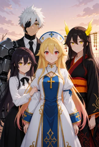 Arifureta Group Anime Art — Stable Diffusion AI Prompt: A group of characters from Arifureta: From Commonplace to World's Strongest, fea...