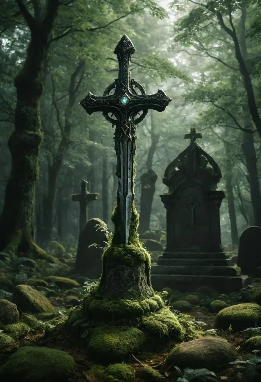 A Detailed Image Of An Enchanted Medieval Fantasy Sword Thru...