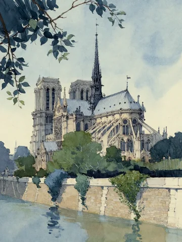 Notre-Dame Cathedral Watercolor — Stable Diffusion AI Prompt: Bradhamel art style. A watercolor painting of Notre-Dame Cathedral in Paris, vie...