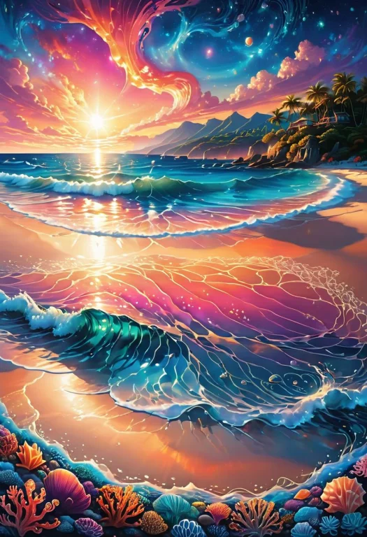 Illustrate A Serene Beach At Sunset, Where The Sky Is A Brea...