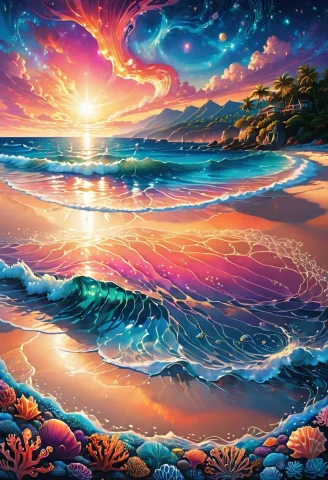Illustrate A Serene Beach At Sunset, Where The Sky Is A Brea... — SDXL AI Prompt: Illustrate a serene beach at sunset, where the sky is a breathtaking canvas of v...