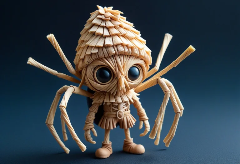 A Straw Spider Standing On The Head Of A Bold Chibi Gnome