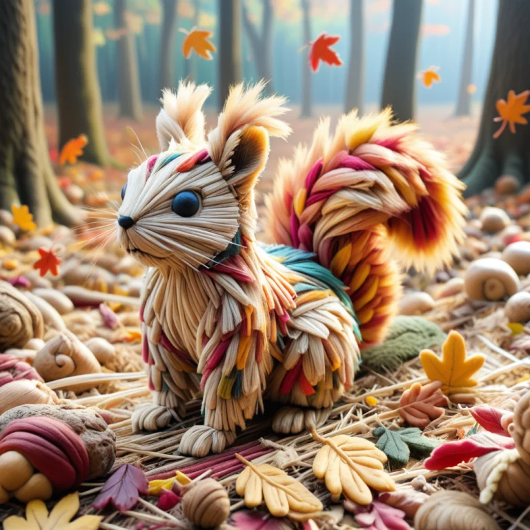 A Squirrel Made Of Straw Thread, Camouflaged, Dense Colorful...