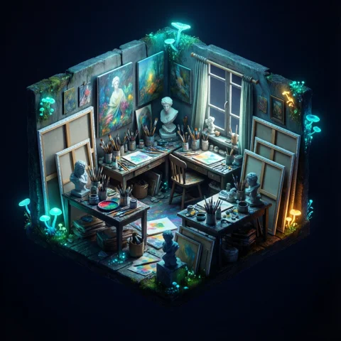 Create An Exquisitely Detailed 3d Rendered Diorama Of An Art... — Stable Diffusion AI Prompt: Create an exquisitely detailed 3D rendered diorama of an artist's studio present...