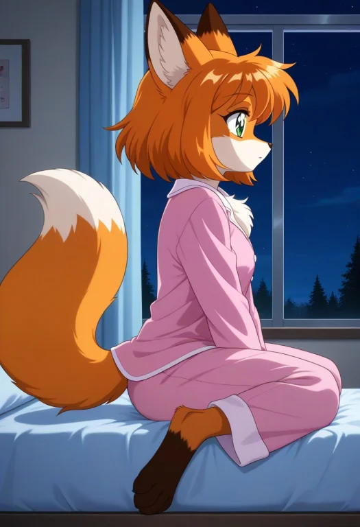 A Cute Fox Girl Sitting On The Edge Of Her Bed Staring Out H...