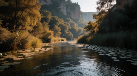 Scrtry2002, A Tranquil River Winds Through A Lush, Forested... — Stable Diffusion AI Prompt: scrtry2002, A tranquil river winds through a lush, forested canyon, its dark sur...