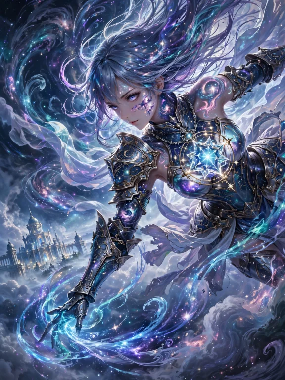A Striking Female Celestial Knight, Intricate Nebula Pattern...
