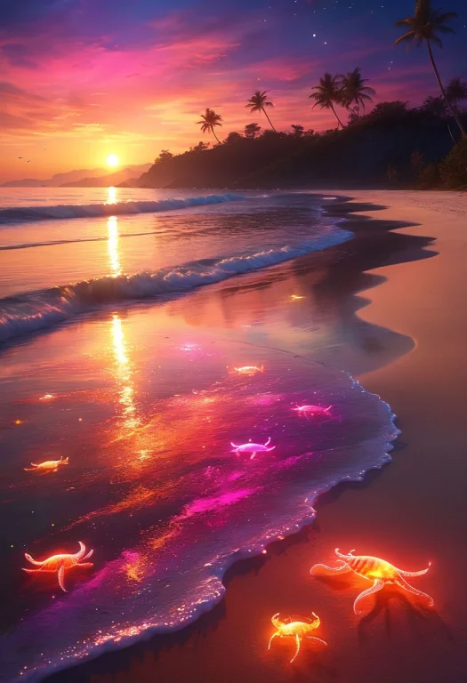 Illustrate A Tranquil Beach At Sunset, With The Sky Ablaze I...