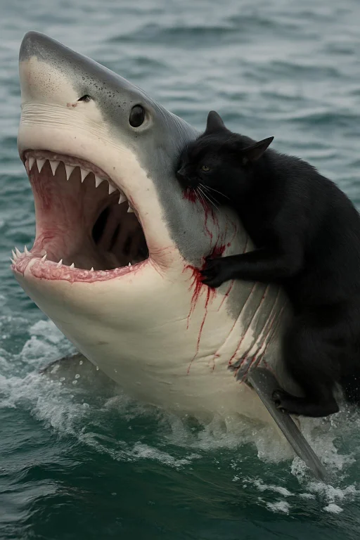 A Black Cat Attacks And Bites A Great White Shark From Behin...