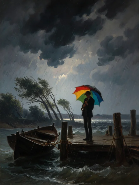 A Thin, Tall Man Stands Alone On A Weathered Wooden Dock Dur...