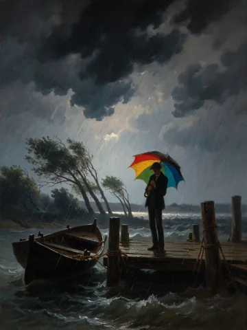 A Thin, Tall Man Stands Alone On A Weathered Wooden Dock Dur... — Stable Diffusion AI Prompt: A thin, tall man stands alone on a weathered wooden dock during a violent storm,...