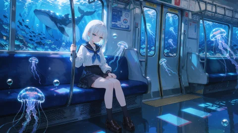 Blue Train Girl Prompt — Stable Diffusion AI Prompt: A full-body view of a short-haired girl with white hair and blue eyes sitting on...