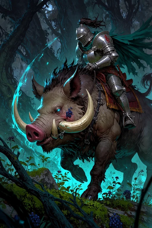 , Knight Riding A Giant Boar Through A Dark Enchanted Forest...