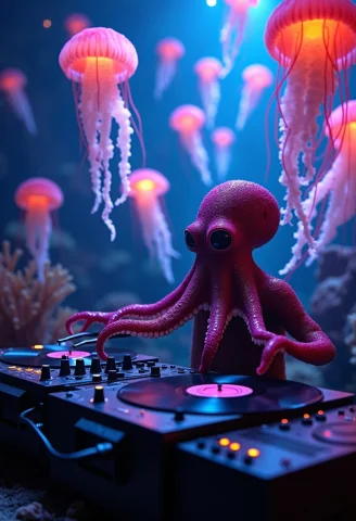 An Octopus Dj Spinning Vinyl Records At An Underwater Disco,... — FLUX AI Prompt: An octopus DJ spinning vinyl records at an underwater disco, with sea creatures...