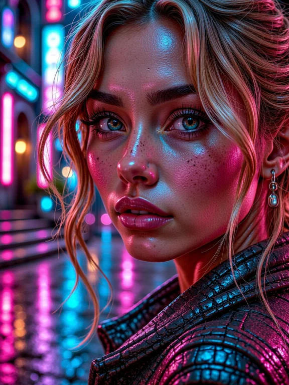 Hcc, Hidden Cyberpunk Courtyard, Extreme Close-up Of A Blond...
