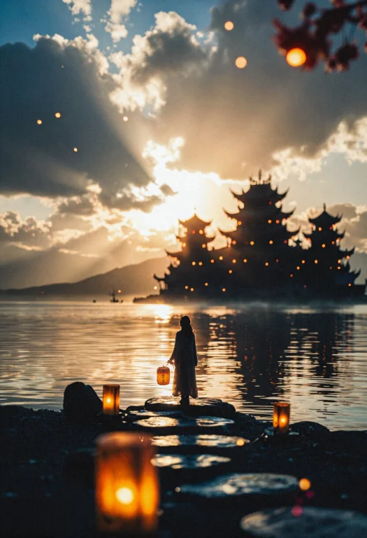 A Lone Girl Stands At The Edge Of A Calm Lake During Golden...