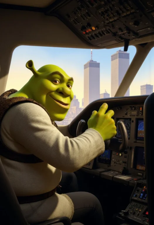 Shrek, In A Boeing 747 Planes Cockpit, Viewed From Behind An...
