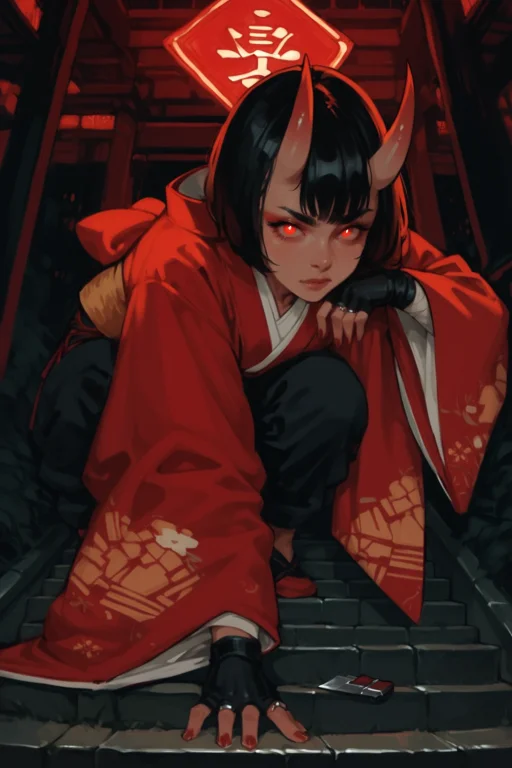 1girl, Solo, Horns, Gloves, Kunai, Fingerless Gloves, Weapon...