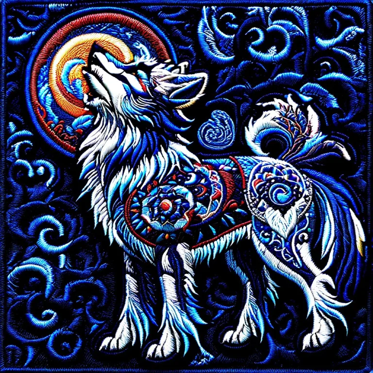 Ral-embroideredpatch, A Majestic Wolf Howling At A Glowing F...