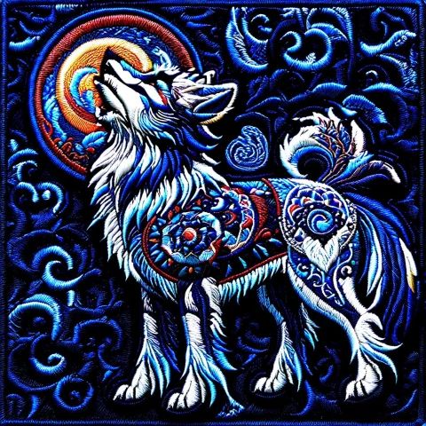 Ral-embroideredpatch, A Majestic Wolf Howling At A Glowing F... — SDXL AI Prompt: ral-embroideredpatch, a majestic wolf howling at a glowing full moon, embroidere...