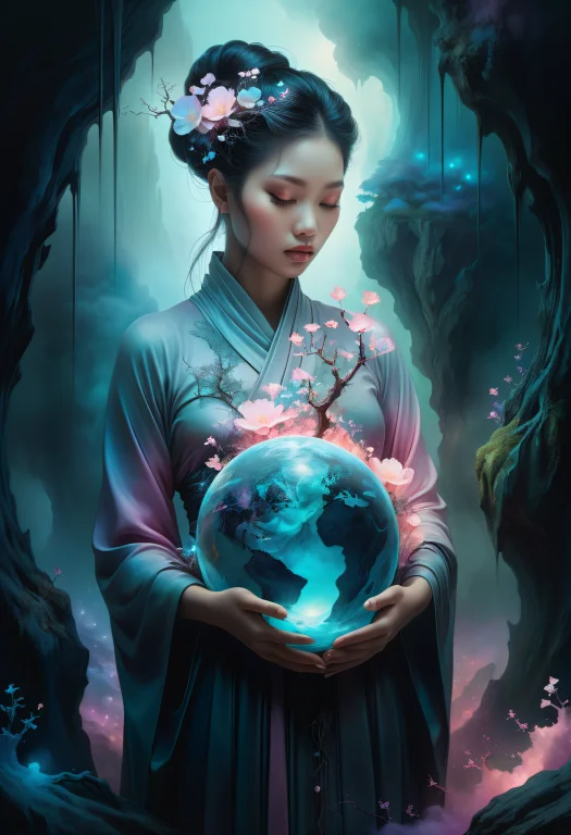 Female Figure Cradling Earth, Blending Miko Lims Dark Ethere...