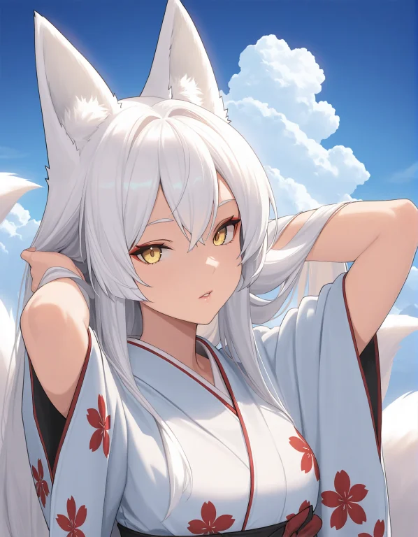 1girl, Fox Tail, Sky, White Hair, Long Hair, Animal Ears, Ma...