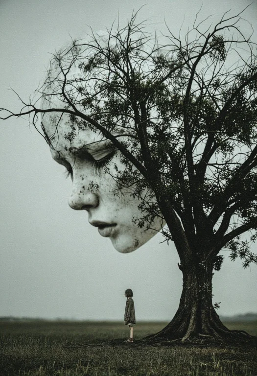 Lone Child Under A Vast Dead Tree Whose Branches Form A Cryi...