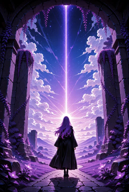 A Lone Female Figure With Long, Voluminous Purple Hair, Stan...