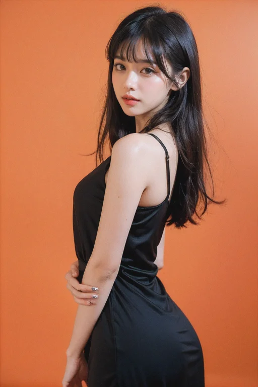 1girl,hair With Bangs,black Long Dress,orange Background,