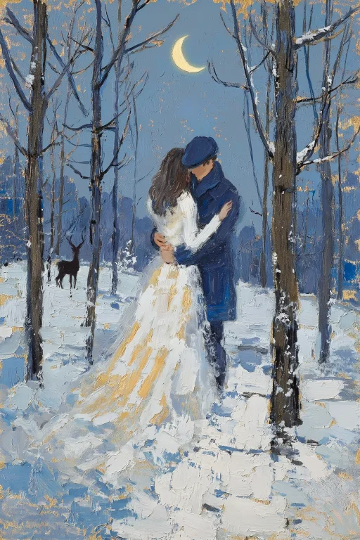 A Couple Embracing In A Winter Forest. A Woman In A Long Whi...