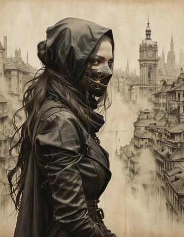 Ink Illustration On Parchment. In The Midst Of A Steampunk C... — SDXL AI Prompt: Ink illustration on parchment. In the midst of a steampunk cityscape, a mysterio...