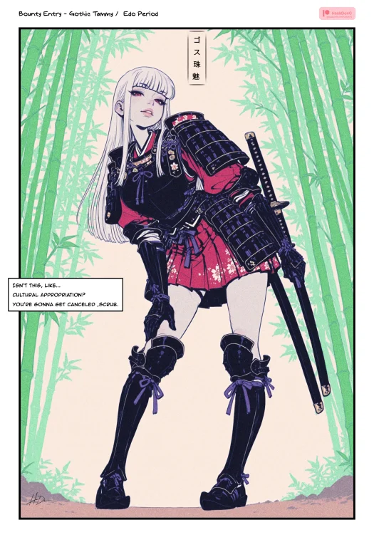 1girl, Samuraiarmor, Katana, Longhair, Straighthair, Blackha...