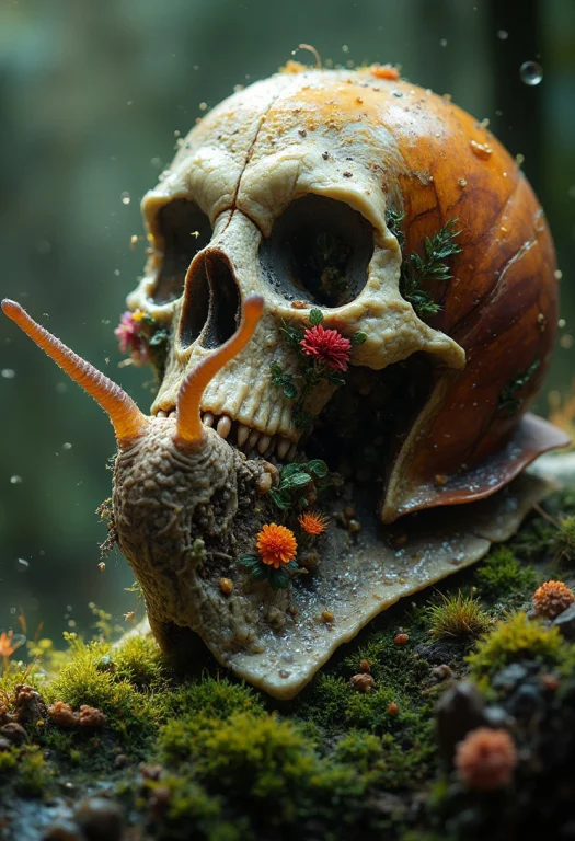 A Close Up Of A Snail With A Human Skull Shell, Mossy, Flowe...