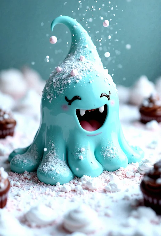 A Cute Slime Candy Monster In A Mountain Of Powdered Sugar W...