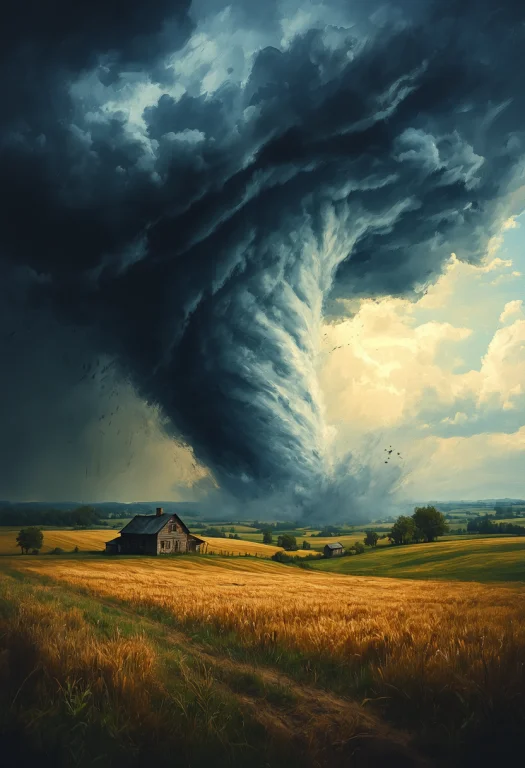 A Massive Tornado Over A Rural Landscape With Fields And A F...