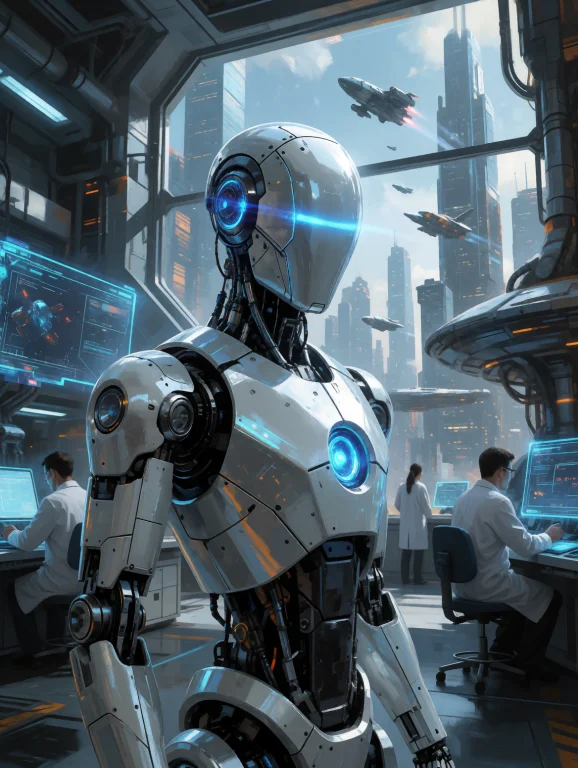 Digital Painting Closeup Of A Futuristic Robot, Standing In...