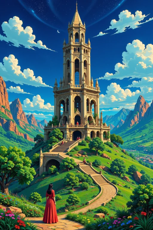 Tower Beautiful Landscape, Noon, Woman, Very Intricate, Very...