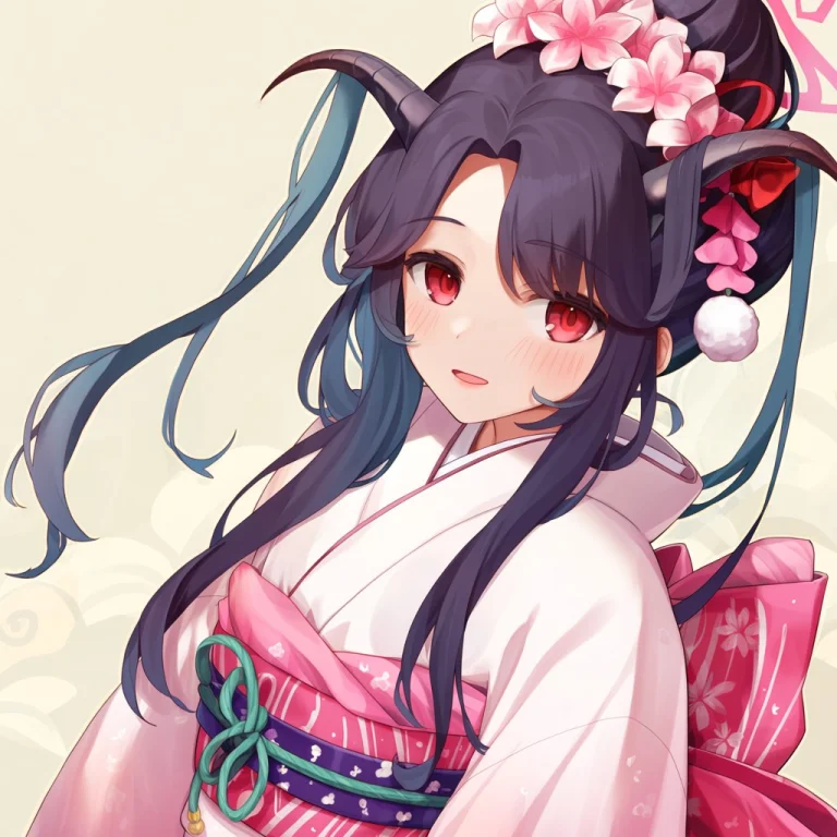 1girl, Solo, Japanese Clothes, Kimono, Horns, Red Eyes, Hair...