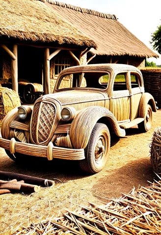 A Classic 1950s Vintage Automobile Constructed From Woven St... — SDXL AI Prompt: A classic 1950s vintage automobile constructed from woven straw and braided hay,...
