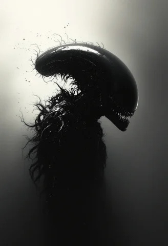 Movie Poster Xenomorph Alien Lurks In The Darkness . Minimal... — FLUX AI Prompt: Movie poster (Xenomorph Alien lurks in the darkness) . (minimalism: 1) , ray tra...