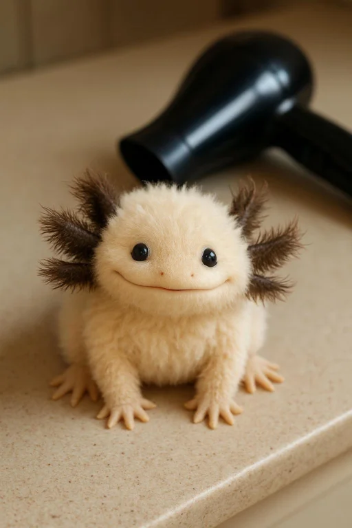 A Smiling Hairy Axolotl Sitting On A Counter All Fluffy And...