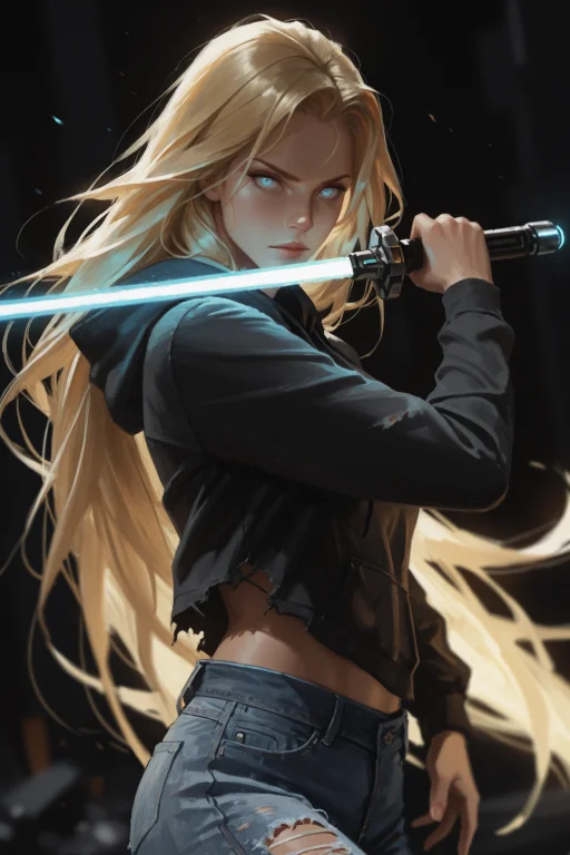 1girl, Lightsaber, Long Hair, Blonde Hair, Solo, Energy Swor...